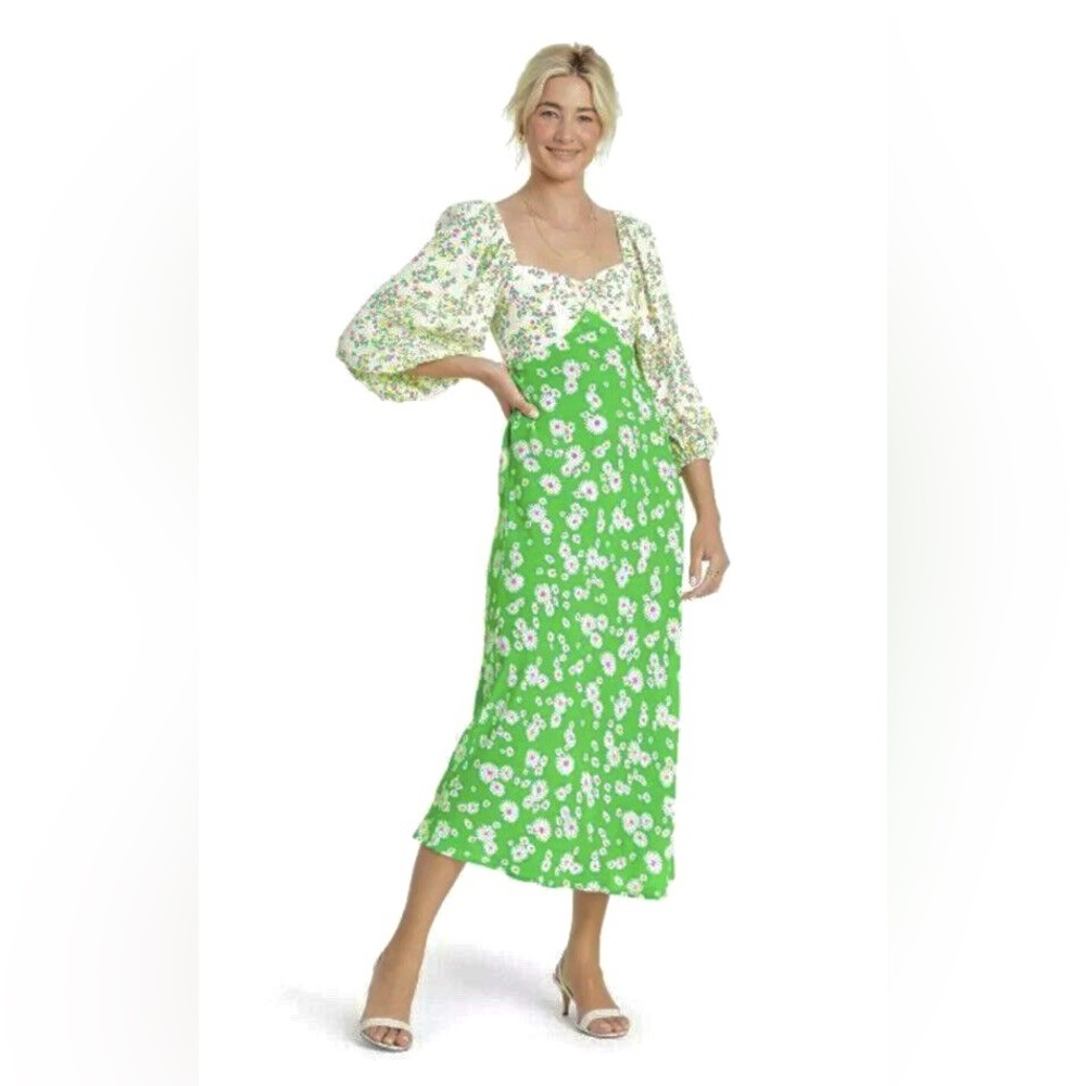 RIXO x Target Daisy Long Sleeve Swing Midi Dress Green Floral Puff Sleeve Size 2
